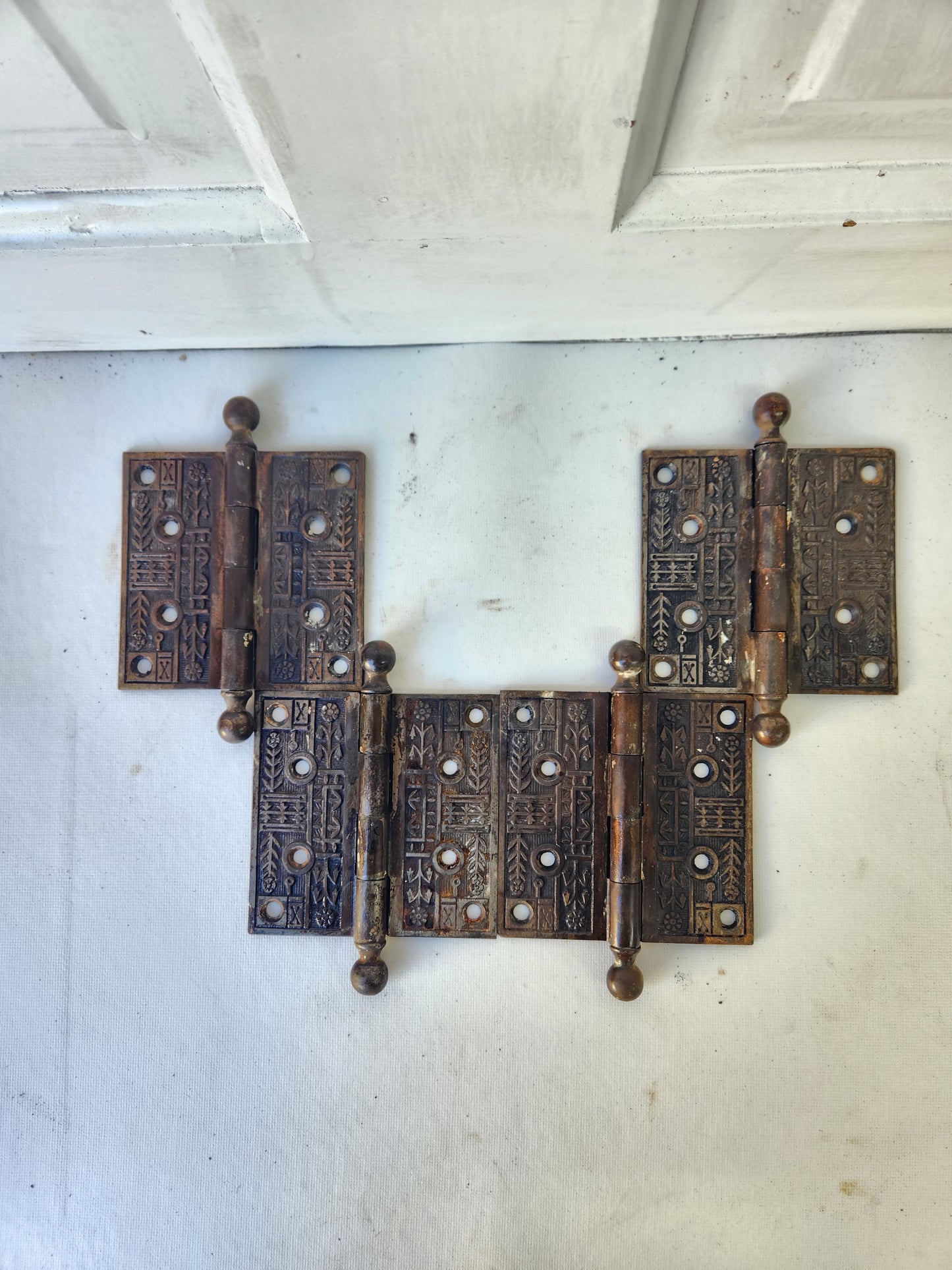 Set of Four 4" Victorian Iron Hinges, Fancy Antique Cast Iron Door Hinge 110907