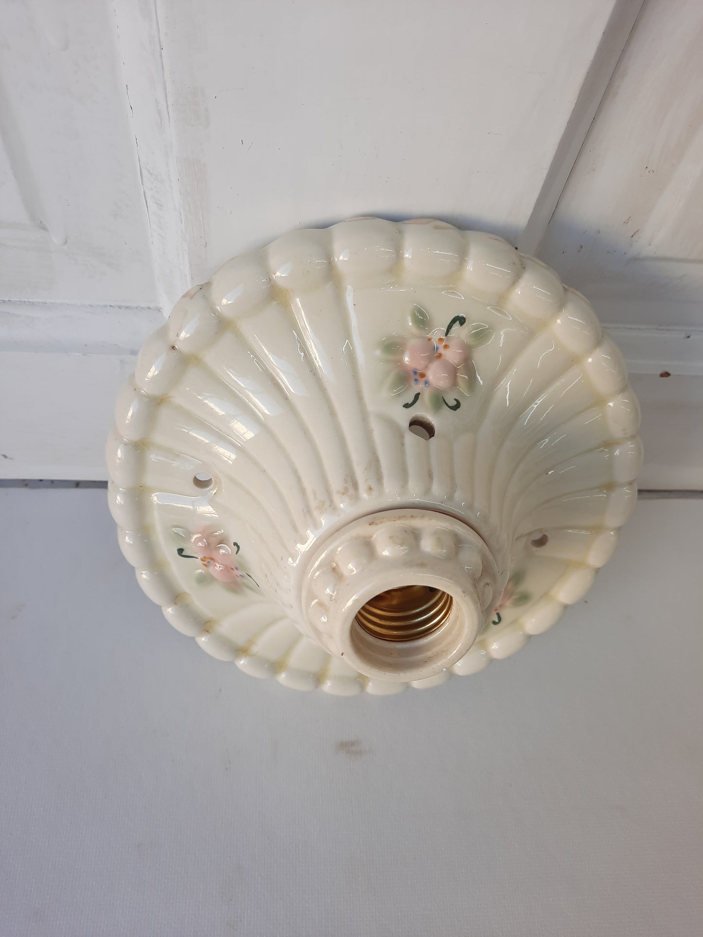 Small Porcelier Light Fixture with Flowers, Pink and White Porcelain Vintage Ceiling Light 111301