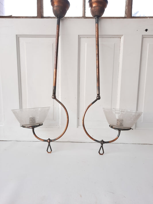 Pair of Converted Gas Ceiling Lights with Etched Glass Shades, Antique Gas Light Fixtures 111601