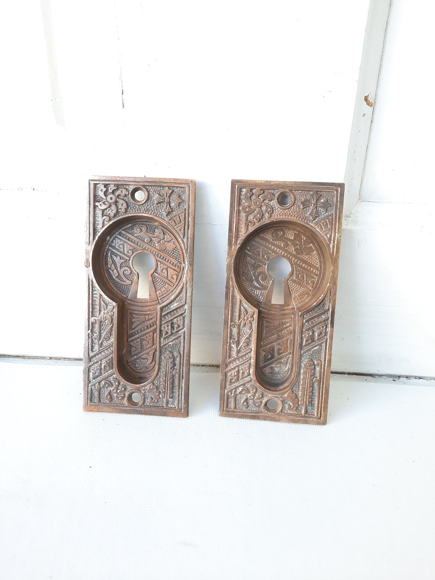 Antique Bronze Eastlake Pattern Pocket Door Pulls, Pocket Rolling Door Recessed Handles 111801