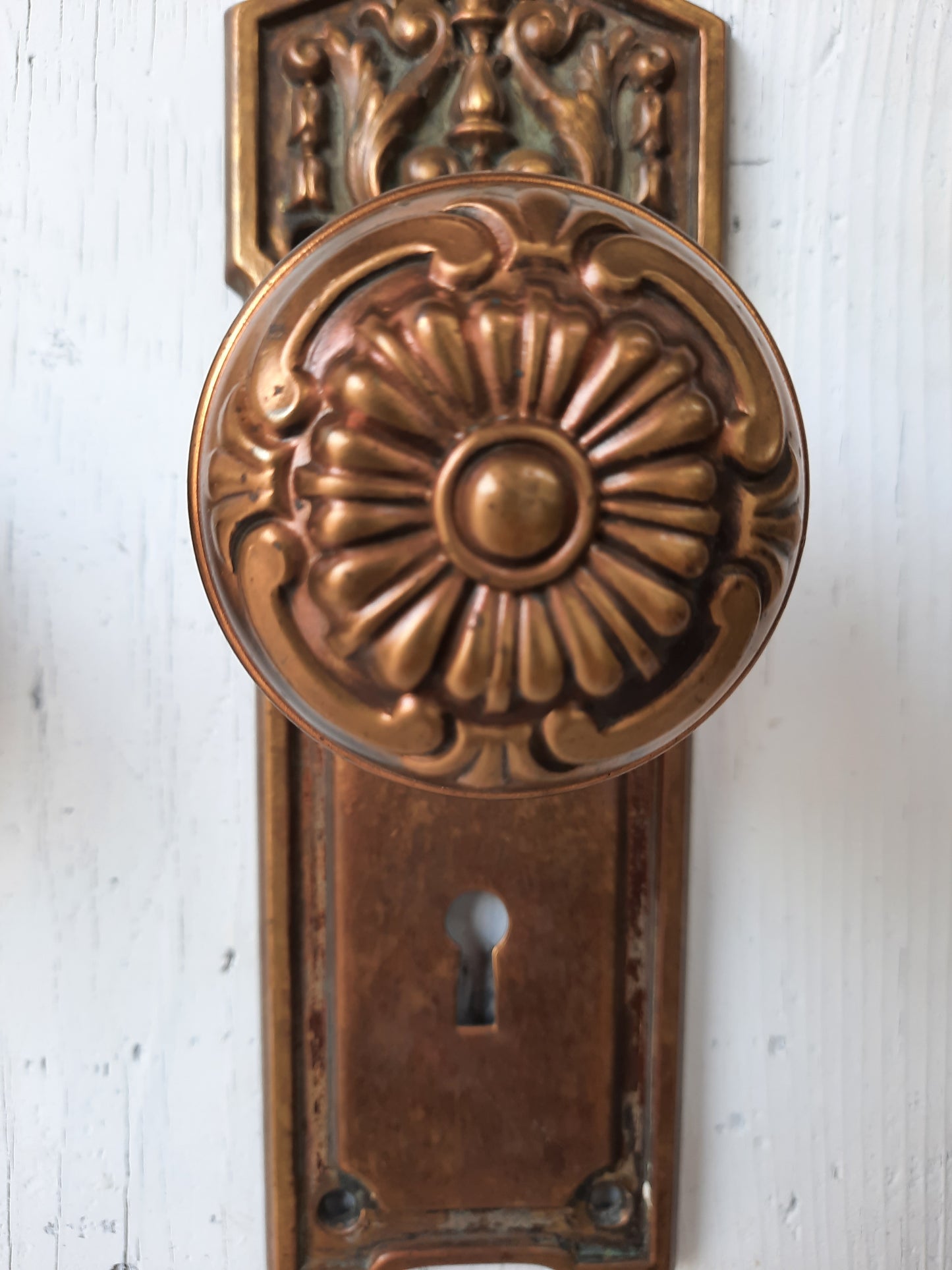 Stamped Brass Doorknob and Plate Set, Victorian Door Hardware 120601