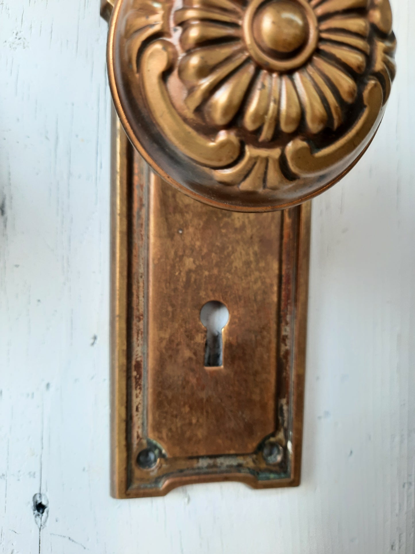Stamped Brass Doorknob and Plate Set, Victorian Door Hardware 120601