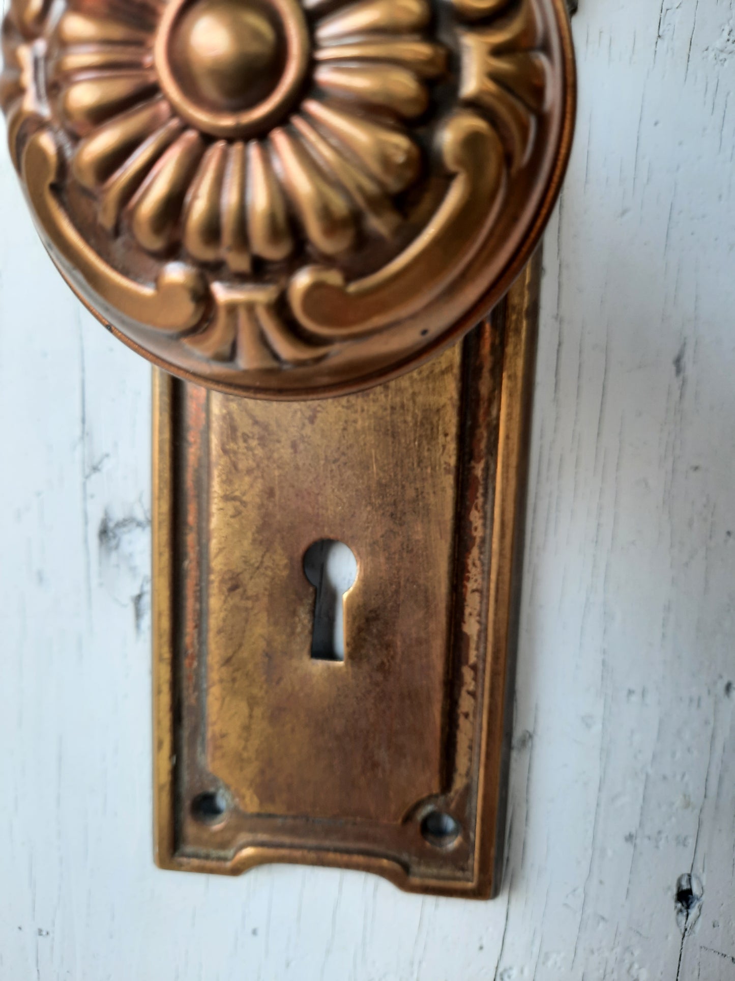 Stamped Brass Doorknob and Plate Set, Victorian Door Hardware 120601