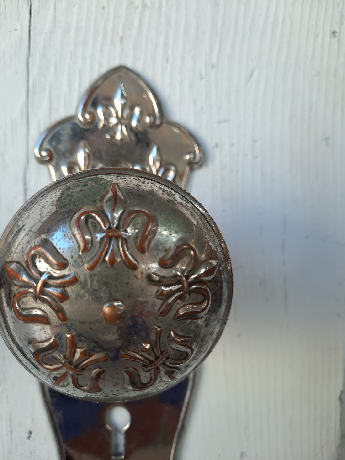 Fleur de Lis Door Hardware Set by Lockwood, Victorian Era French Design Doorknob and Plates 120702
