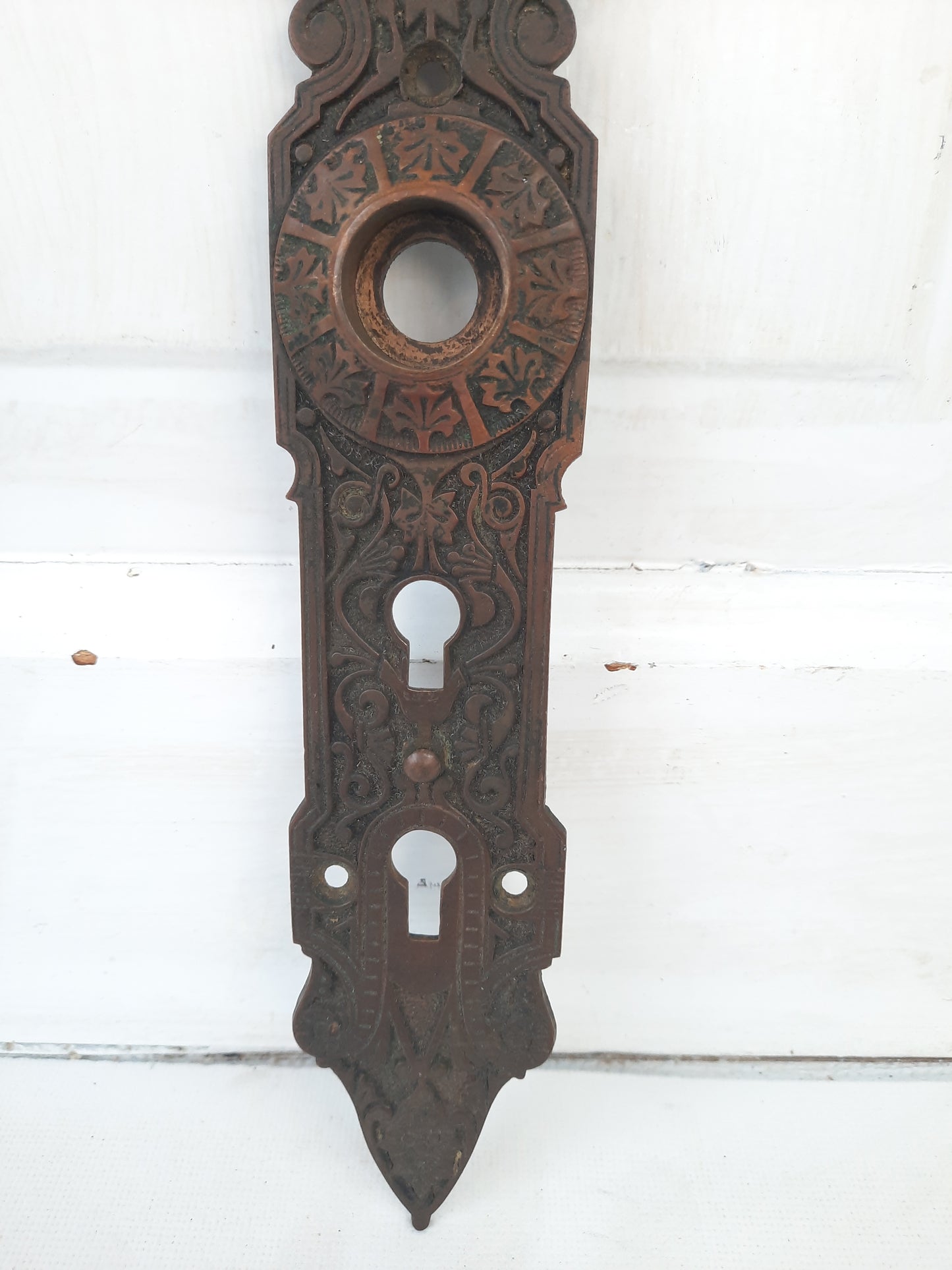 Antique Bronze Exterior Door Plate, Antique Door Plate Double Keyhole Backplate 121601