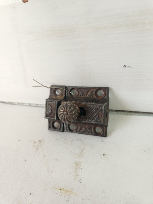 Small Antique Ornate Iron Eastlake Cabinet Latch, Fancy Cabinet Lock Set 122110
