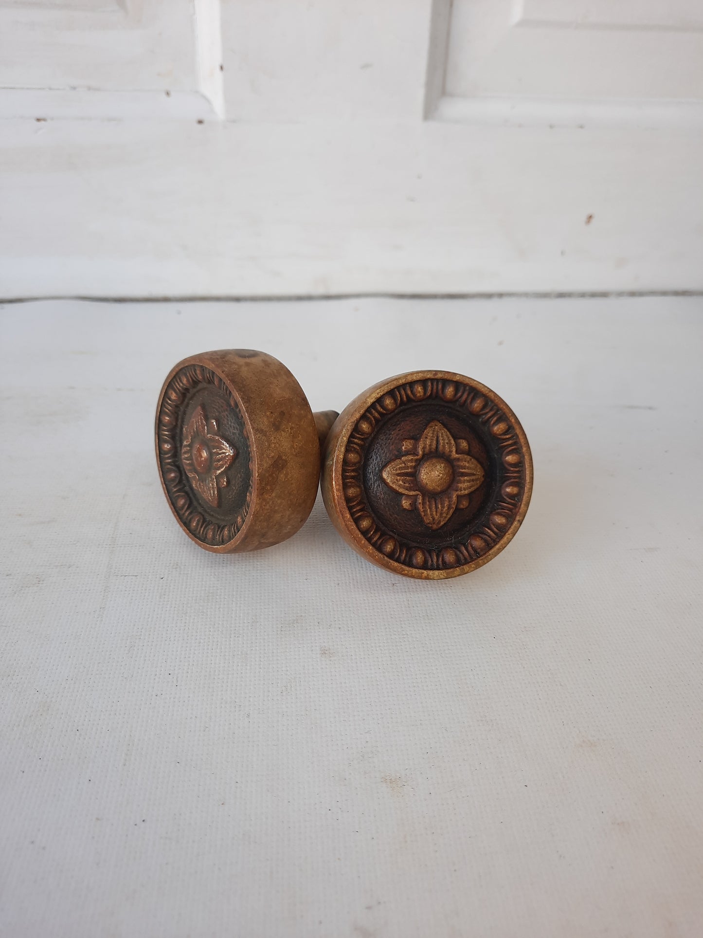 Pair Theseus Antique Doorknobs, Barrows Hardware, Antique Bronze Door Knob with Flower Design, Flower Pattern Knobs 010209