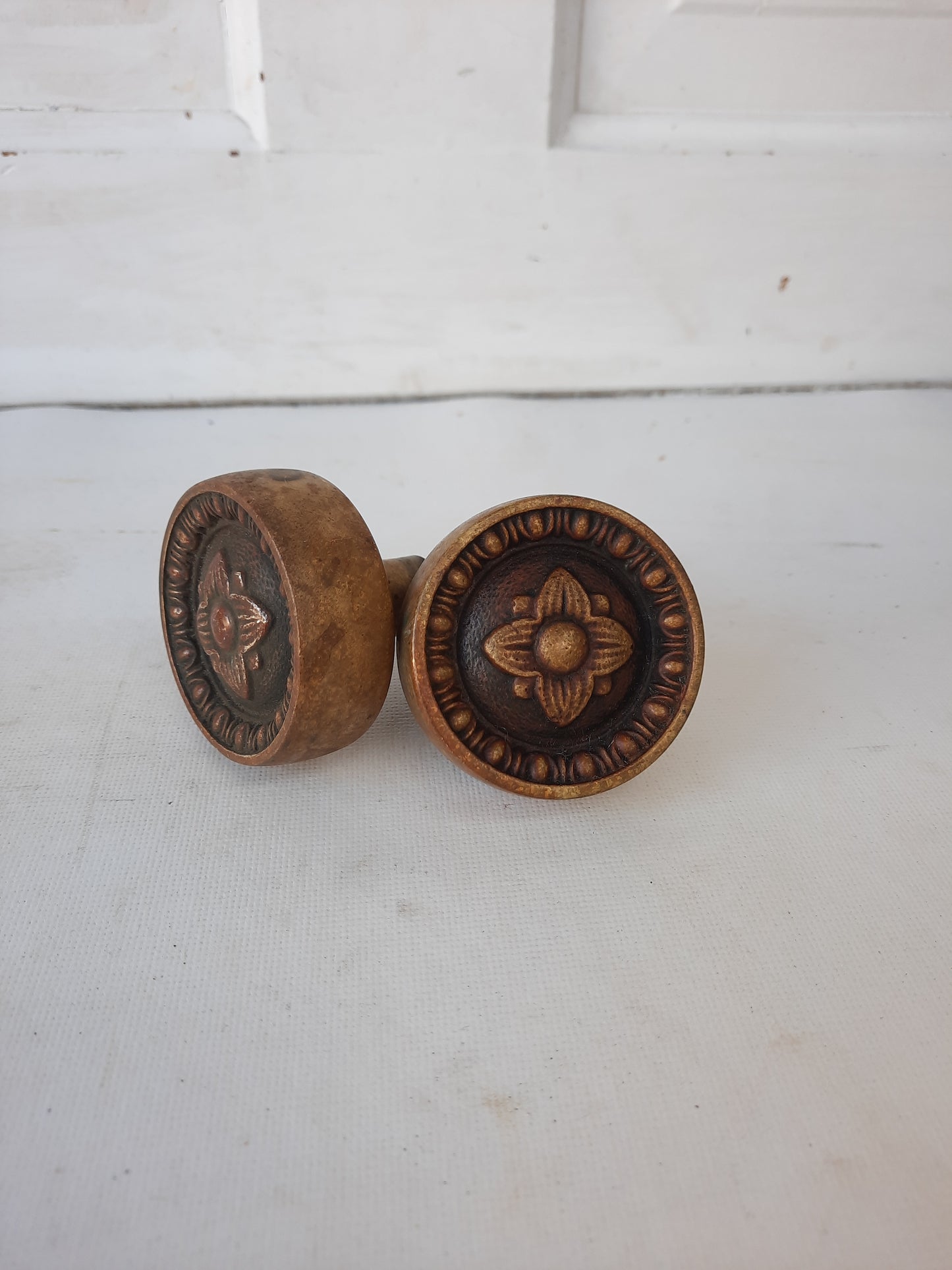 Pair Theseus Antique Doorknobs, Barrows Hardware, Antique Bronze Door Knob with Flower Design, Flower Pattern Knobs 010209