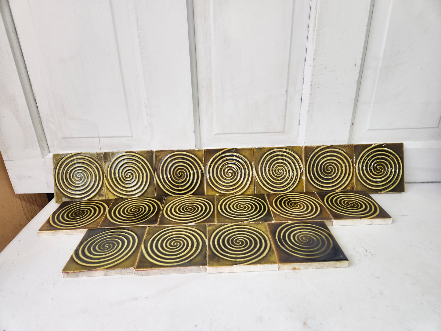 Seventeen Dark Green Spiral Design Antique Tiles, Set of Antique Fireplace Surround Tiles 010401