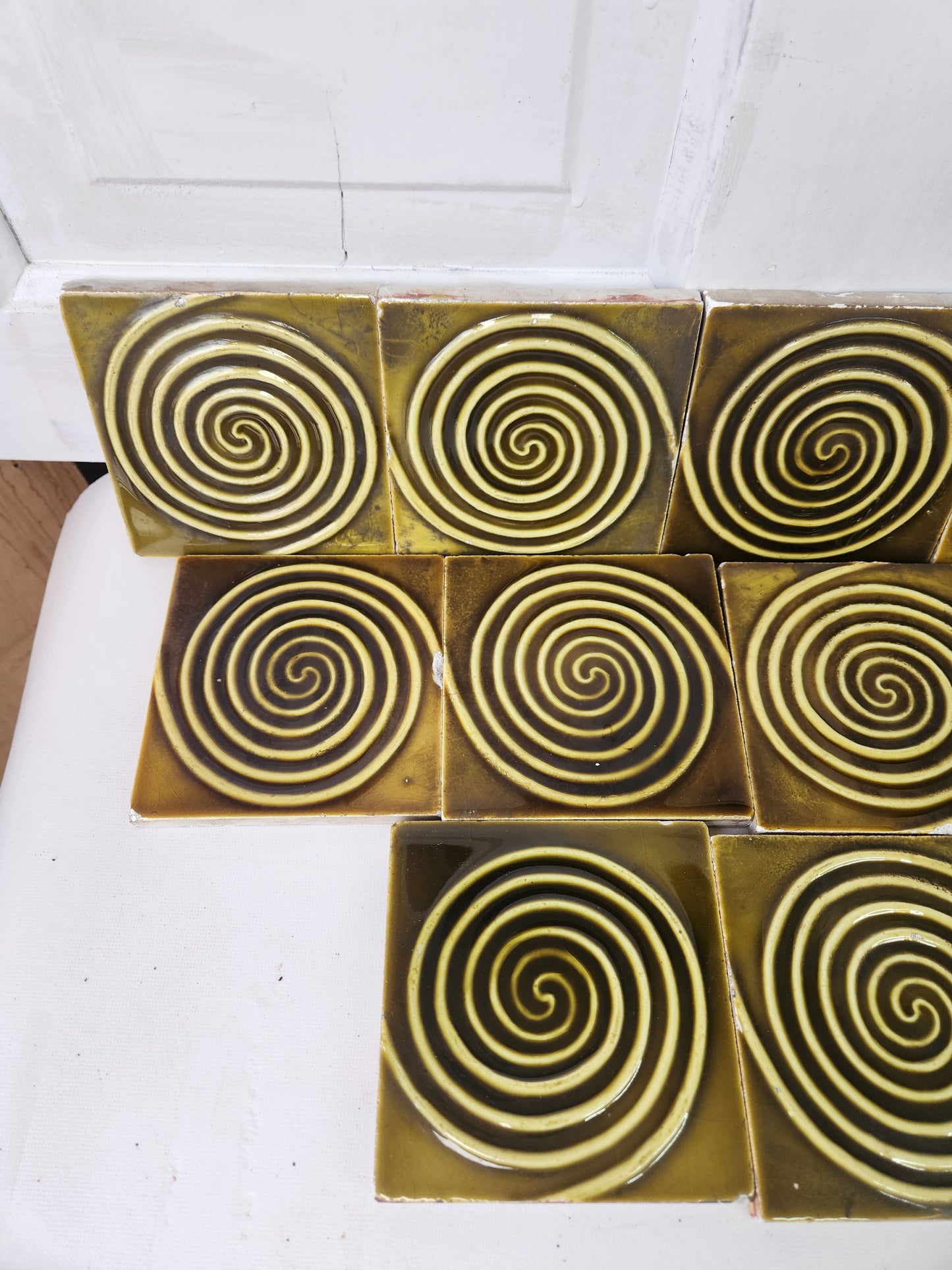 Seventeen Dark Green Spiral Design Antique Tiles, Set of Antique Fireplace Surround Tiles 010401