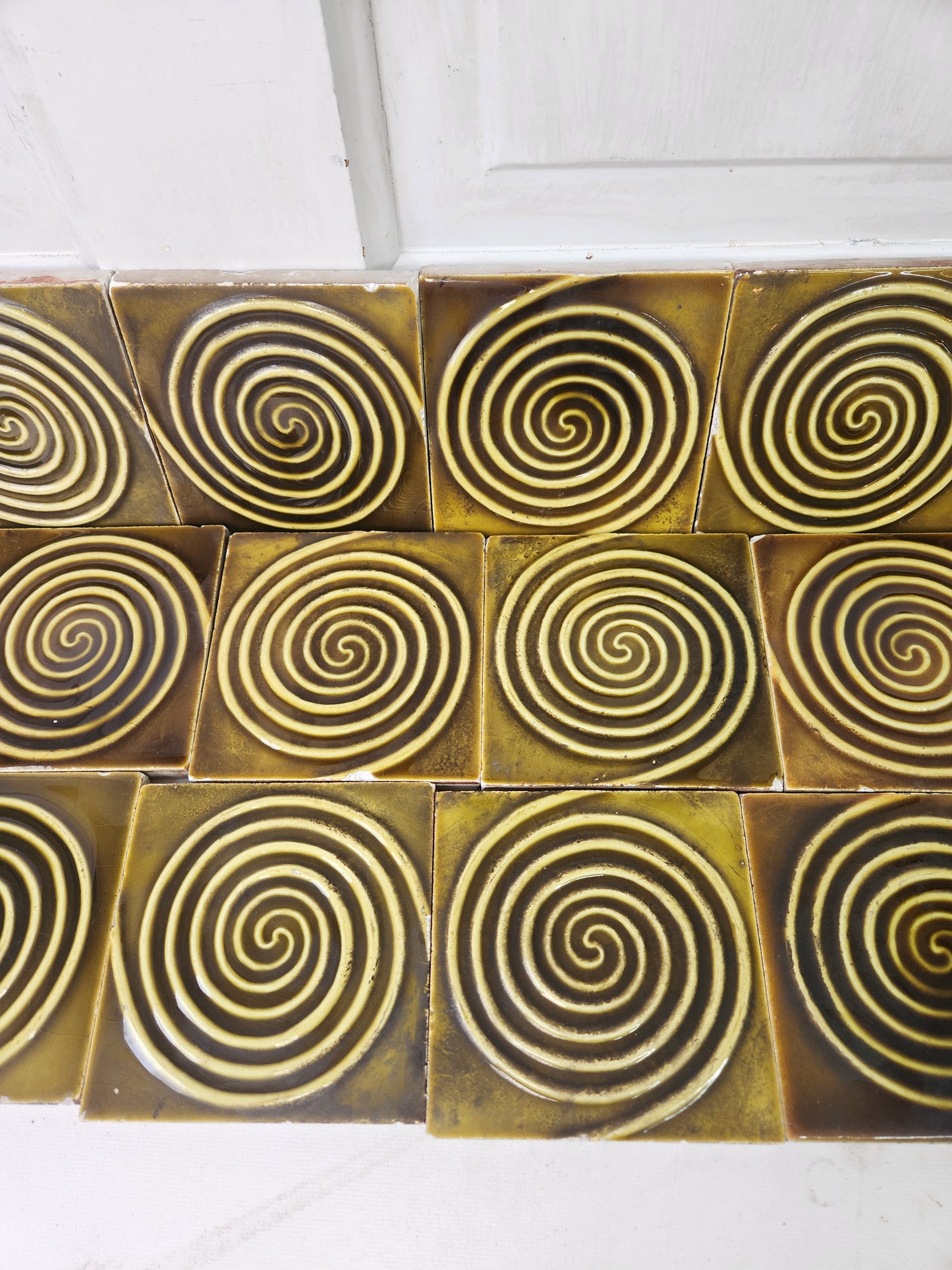 Seventeen Dark Green Spiral Design Antique Tiles, Set of Antique Fireplace Surround Tiles 010401