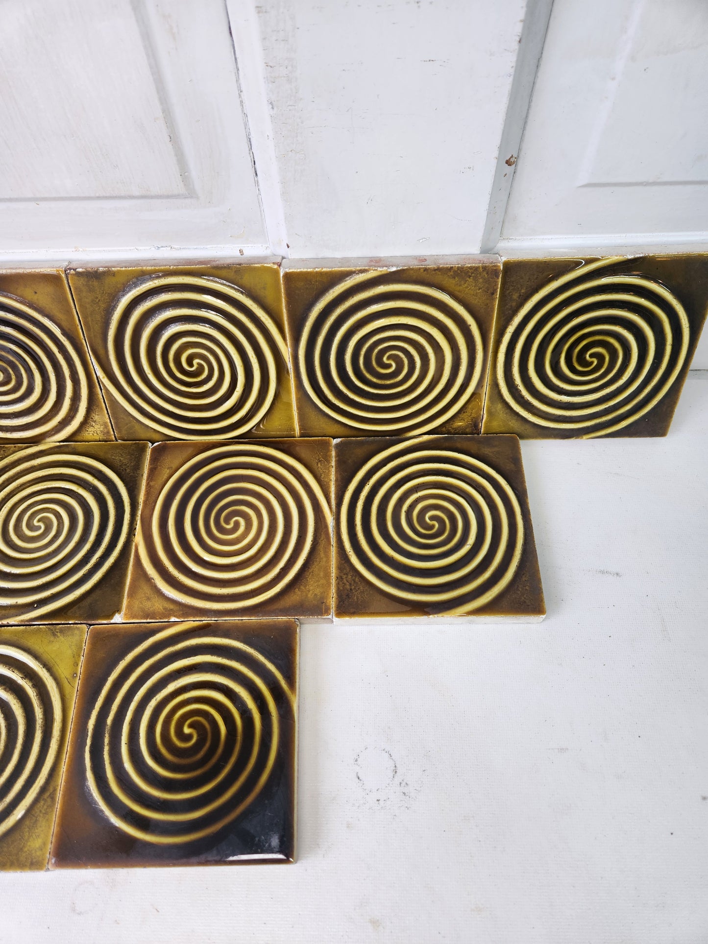 Seventeen Dark Green Spiral Design Antique Tiles, Set of Antique Fireplace Surround Tiles 010401