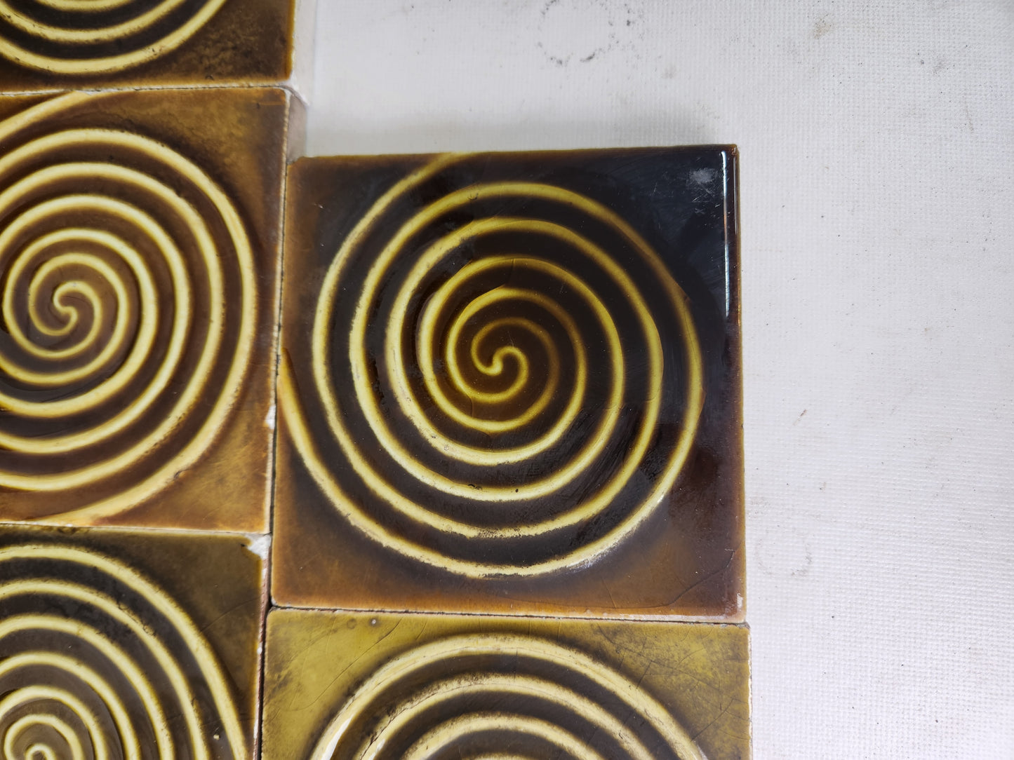 Seventeen Dark Green Spiral Design Antique Tiles, Set of Antique Fireplace Surround Tiles 010401