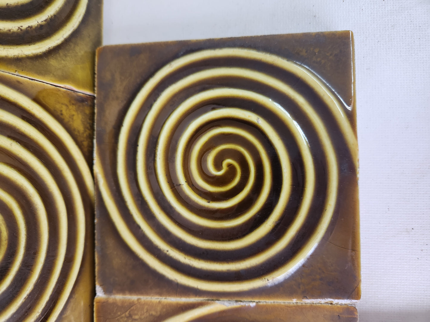 Seventeen Dark Green Spiral Design Antique Tiles, Set of Antique Fireplace Surround Tiles 010401