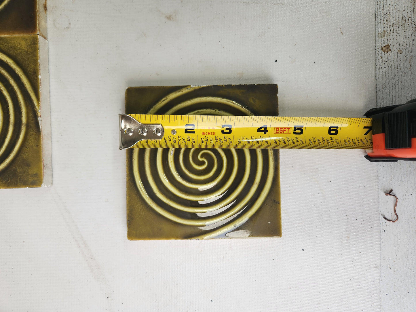 Seventeen Dark Green Spiral Design Antique Tiles, Set of Antique Fireplace Surround Tiles 010401