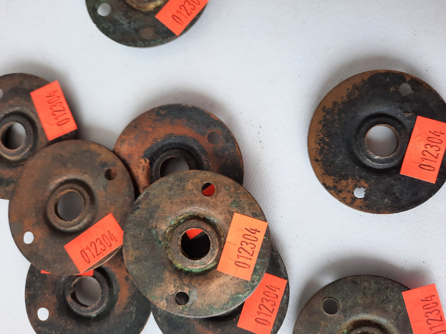 Two Floral Design Geometric Checker Rosette Door Plates, Brass Escutcheons, Cast Bronze Rosettes, Architecture Salvage 012304