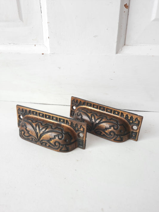 Bronze Plated Apothecary Drawer Pull Set of Two, Cast Iron Handle Antique Victorian Hardware 012309