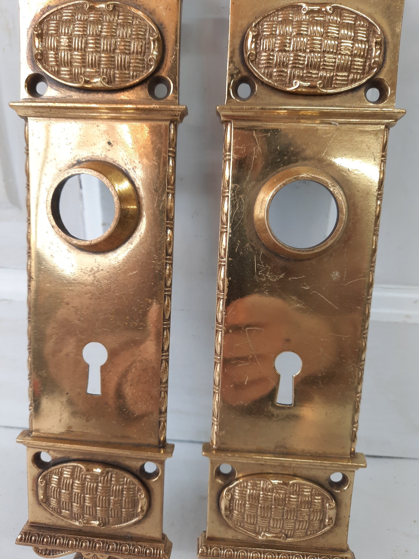 Pair Niles Chicago Large Bronze Door Plates, Antique Ornate Doorknob Backplates 013001