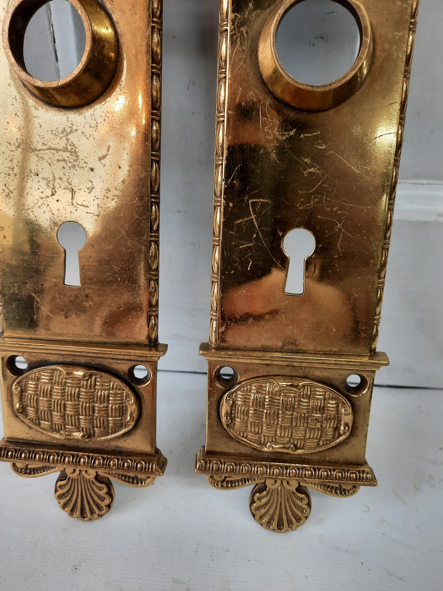 Pair Niles Chicago Large Bronze Door Plates, Antique Ornate Doorknob Backplates 013001