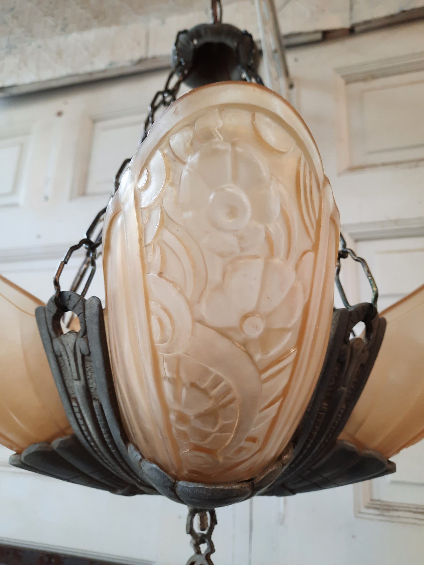 1930s Slip Shade Chandelier, Art Deco Slipper Shade Light with Peach Pink Glass Shades