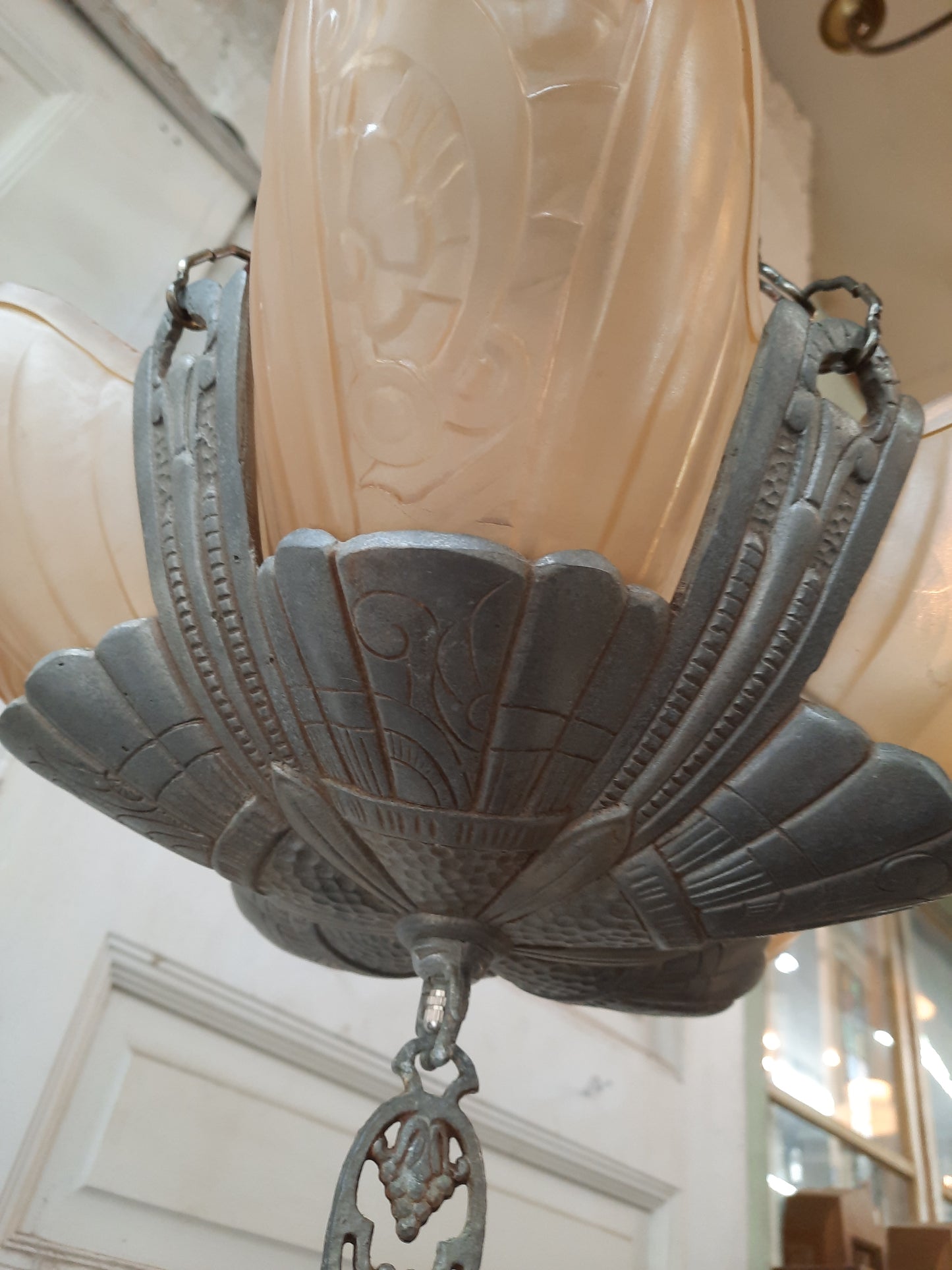 1930s Slip Shade Chandelier, Art Deco Slipper Shade Light with Peach Pink Glass Shades