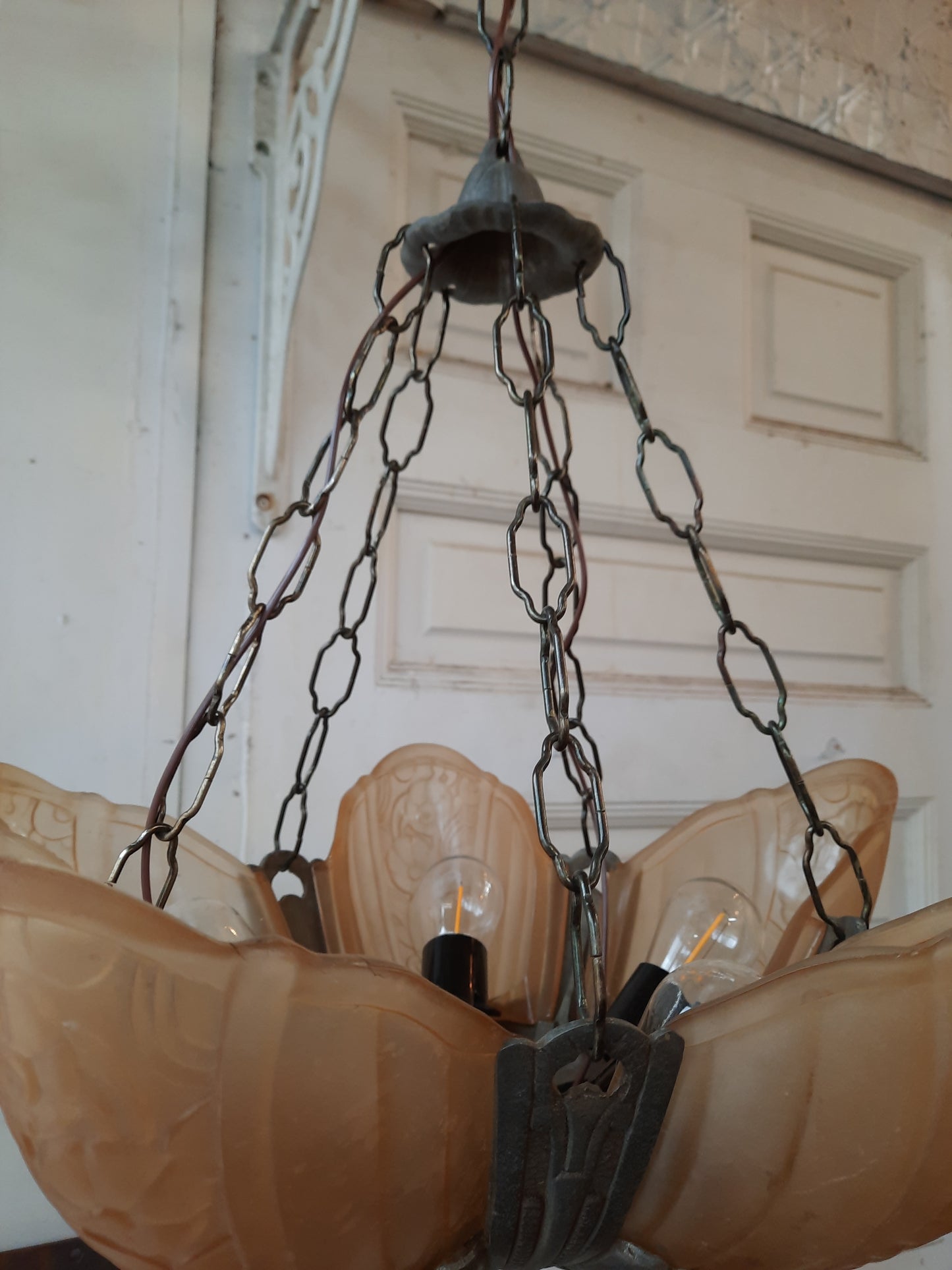 1930s Slip Shade Chandelier, Art Deco Slipper Shade Light with Peach Pink Glass Shades