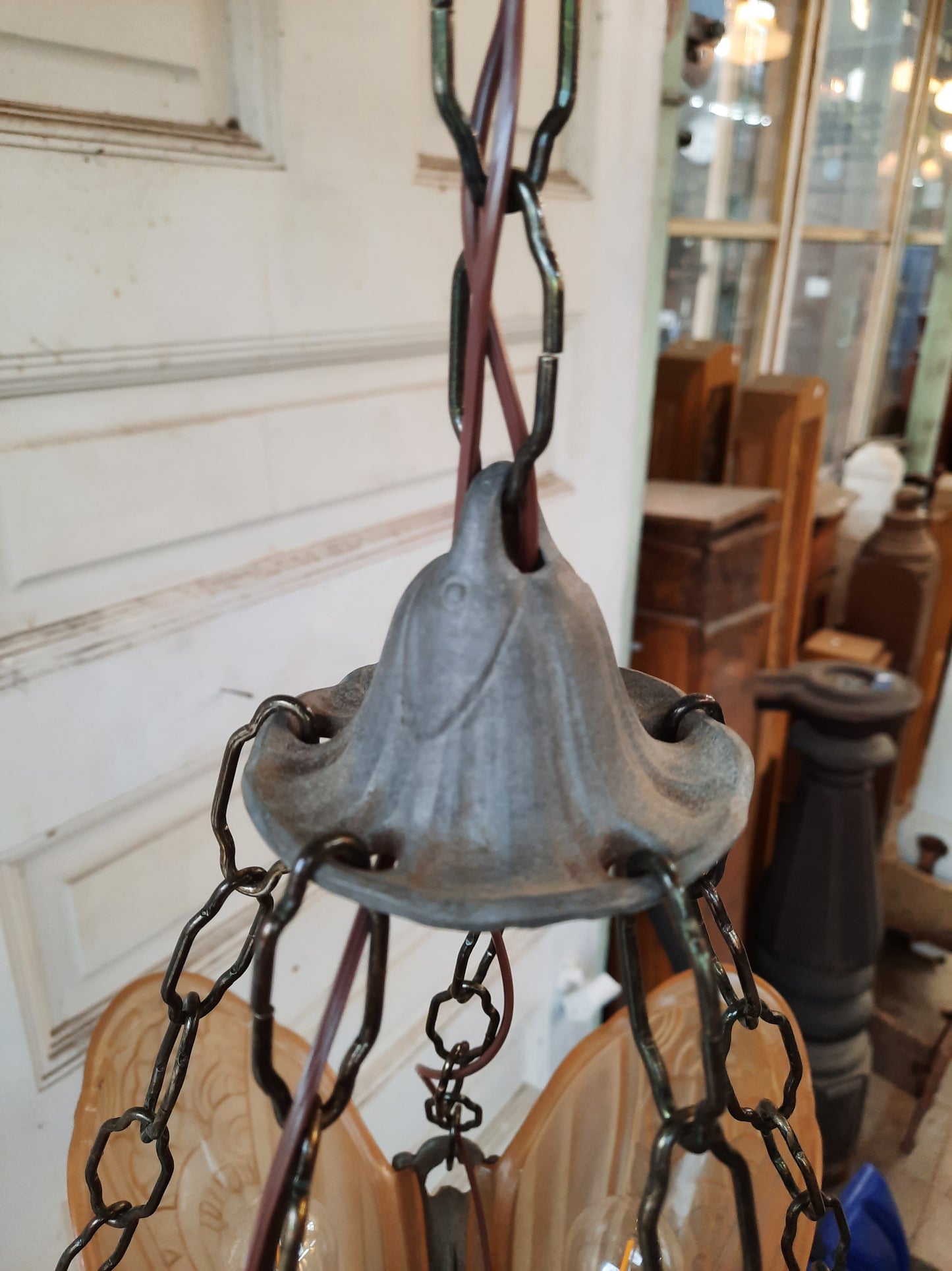 1930s Slip Shade Chandelier, Art Deco Slipper Shade Light with Peach Pink Glass Shades