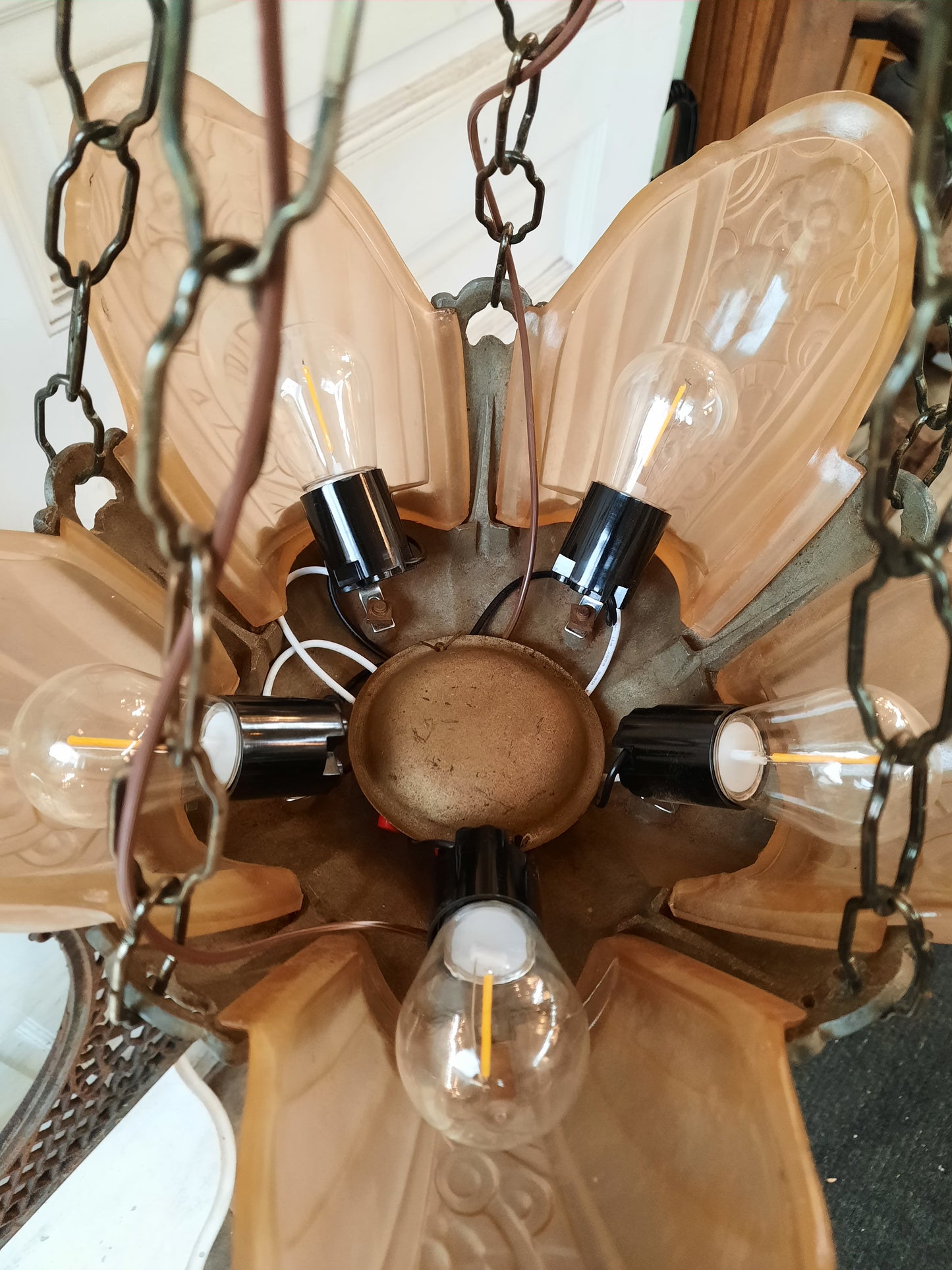 1930s Slip Shade Chandelier, Art Deco Slipper Shade Light with Peach Pink Glass Shades