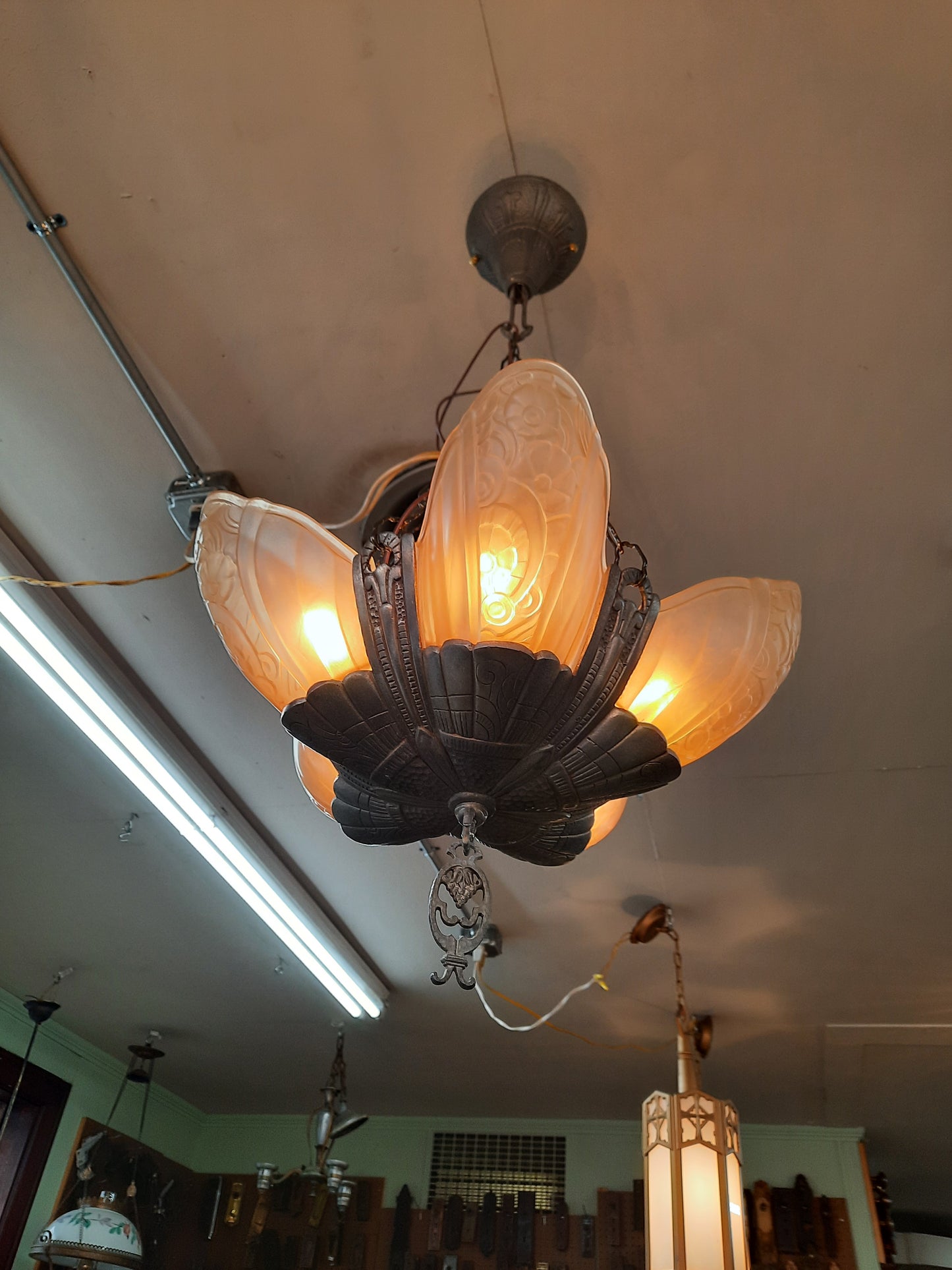 1930s Slip Shade Chandelier, Art Deco Slipper Shade Light with Peach Pink Glass Shades