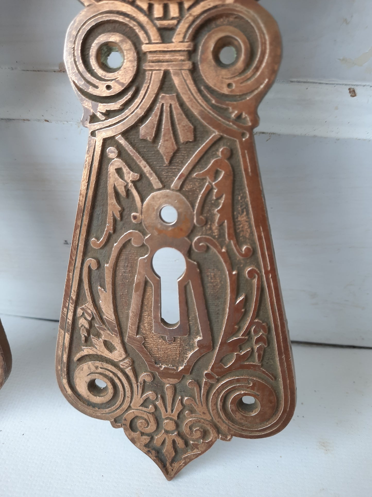 Pair Eastlake Large Bronze Door Plates, Antique Ornate Doorknob Backplates, Bronze Door Hardware Back Plates 013103