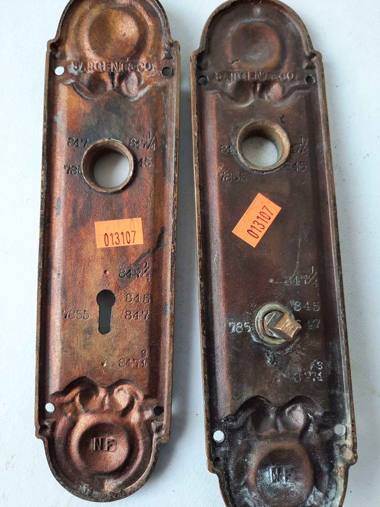 Two Bronze Doorknob Plates with Thumb Turn Lock, Plates for Privacy Lock Mortise 013107