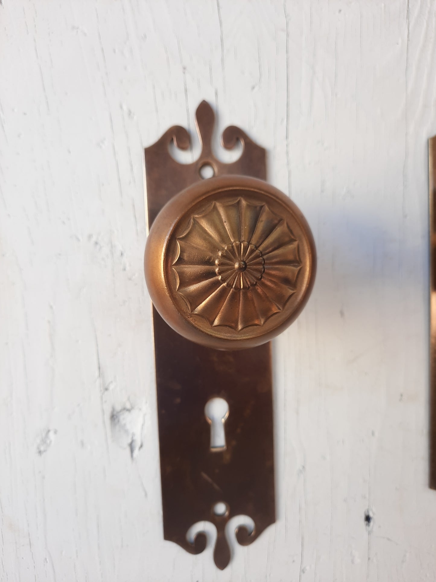 Art Deco Fan Style Doorknob with Backplates, Brass Deco Knobs and Back Plates Set 020301