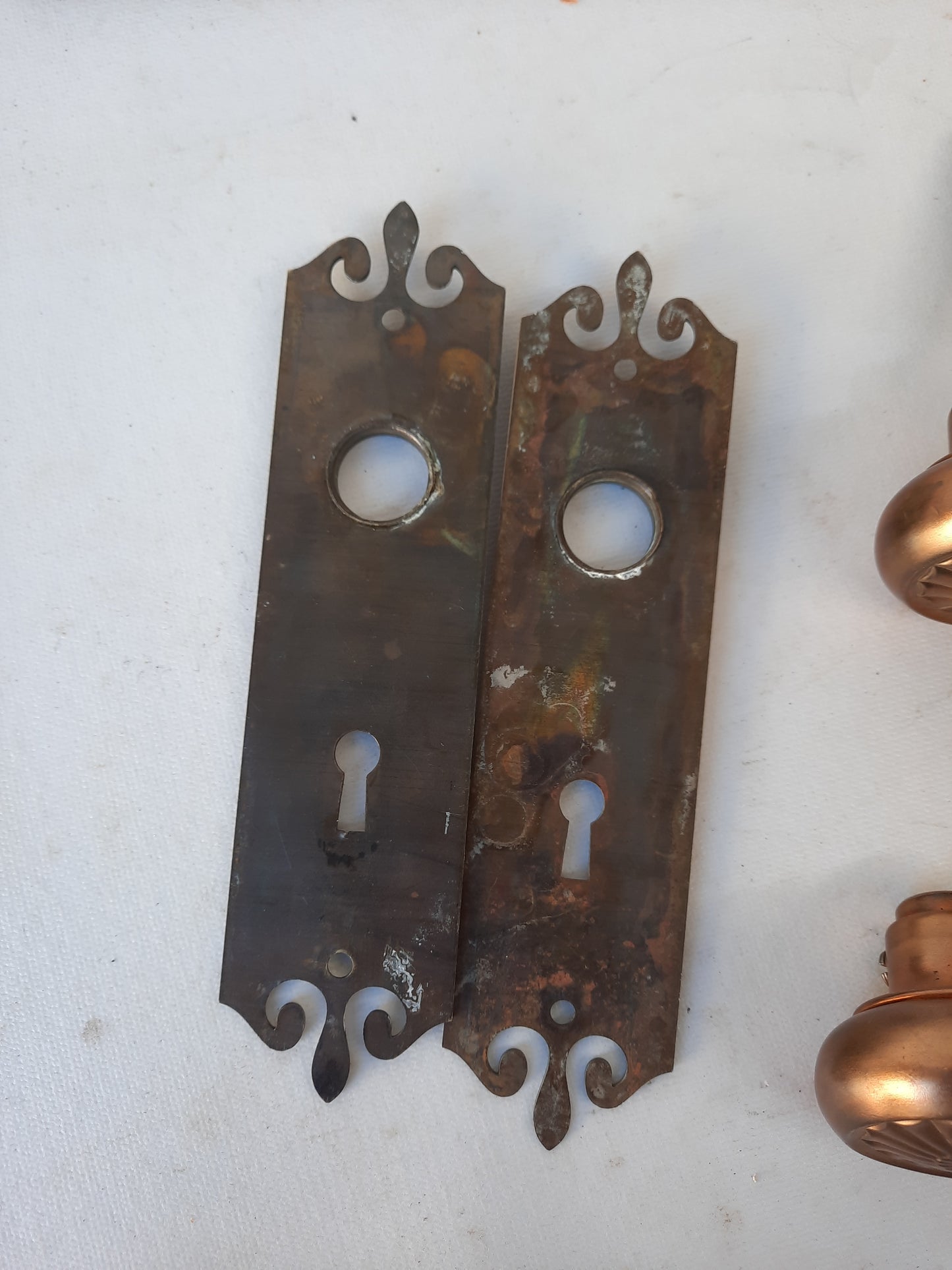 Art Deco Fan Style Doorknob with Backplates, Brass Deco Knobs and Back Plates Set 020301