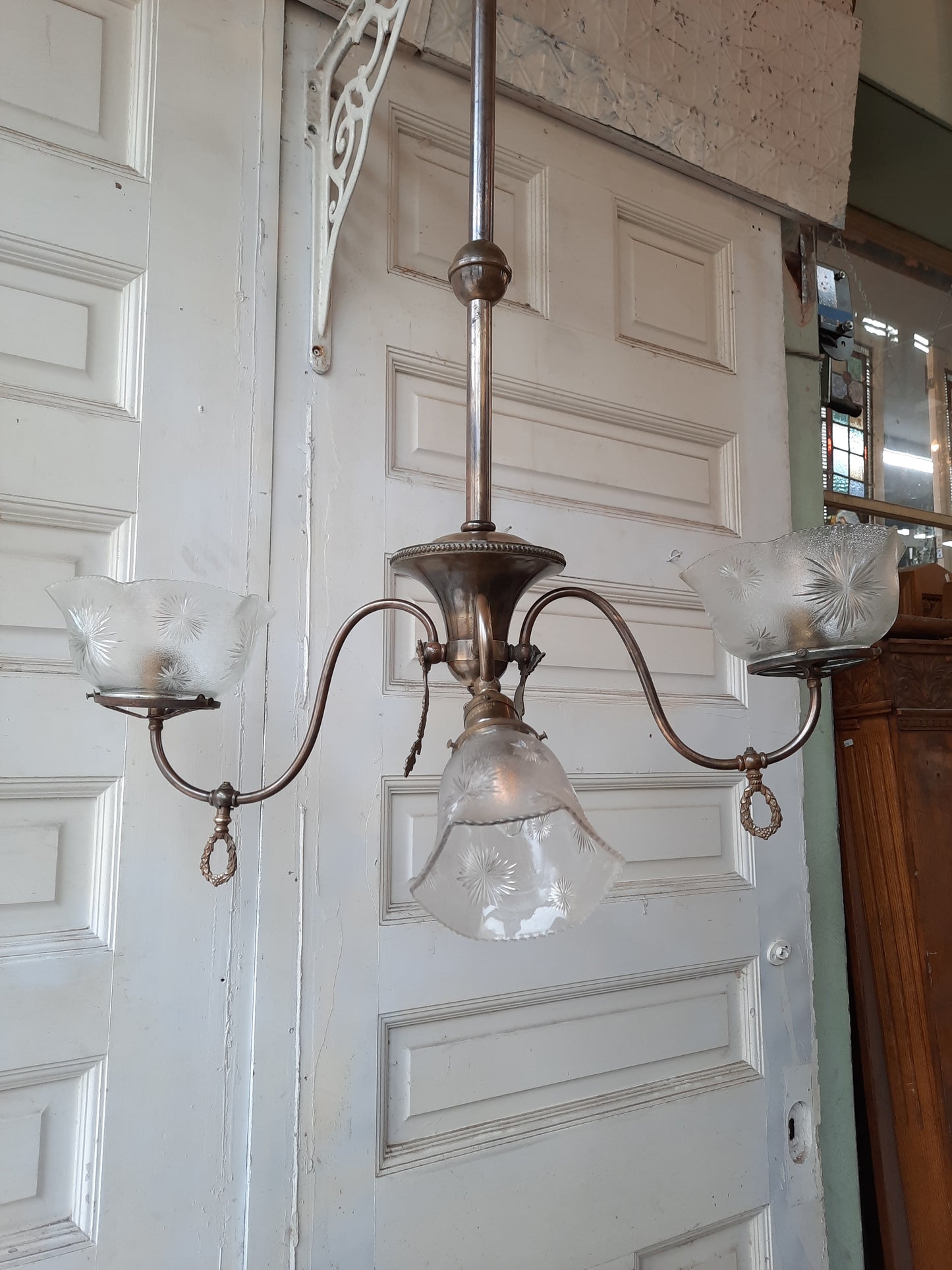 Converted Gas and Electric Antique Chandelier with Cherub Faces, Victorian Era Brass Gasolier Light