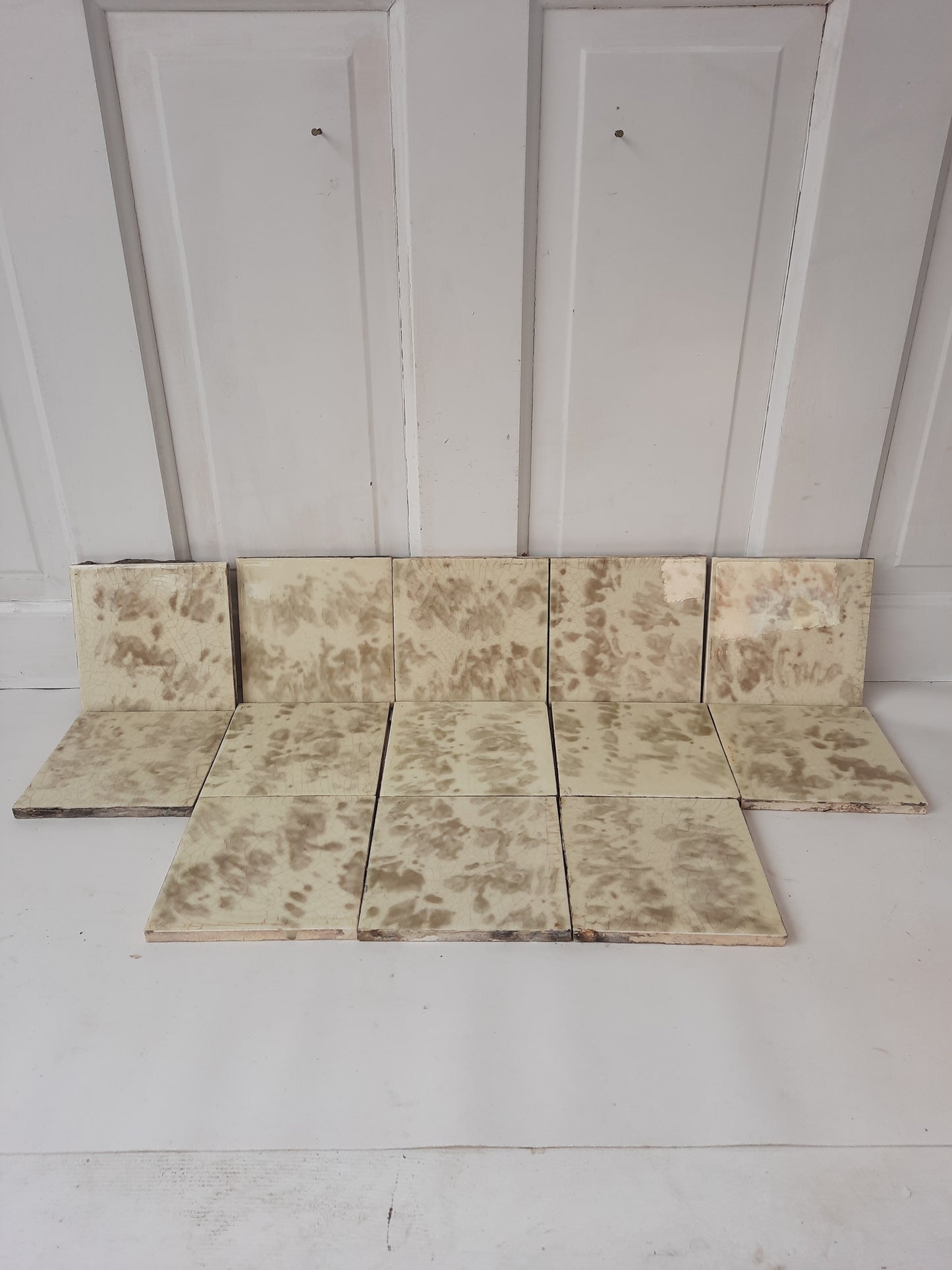 Cream and Grey Victorian Tile Fireplace Set, Mottle Glaze Hearth Tile, Antique Floor Tile, Antique Salvaged American Encaustic Tile 022103
