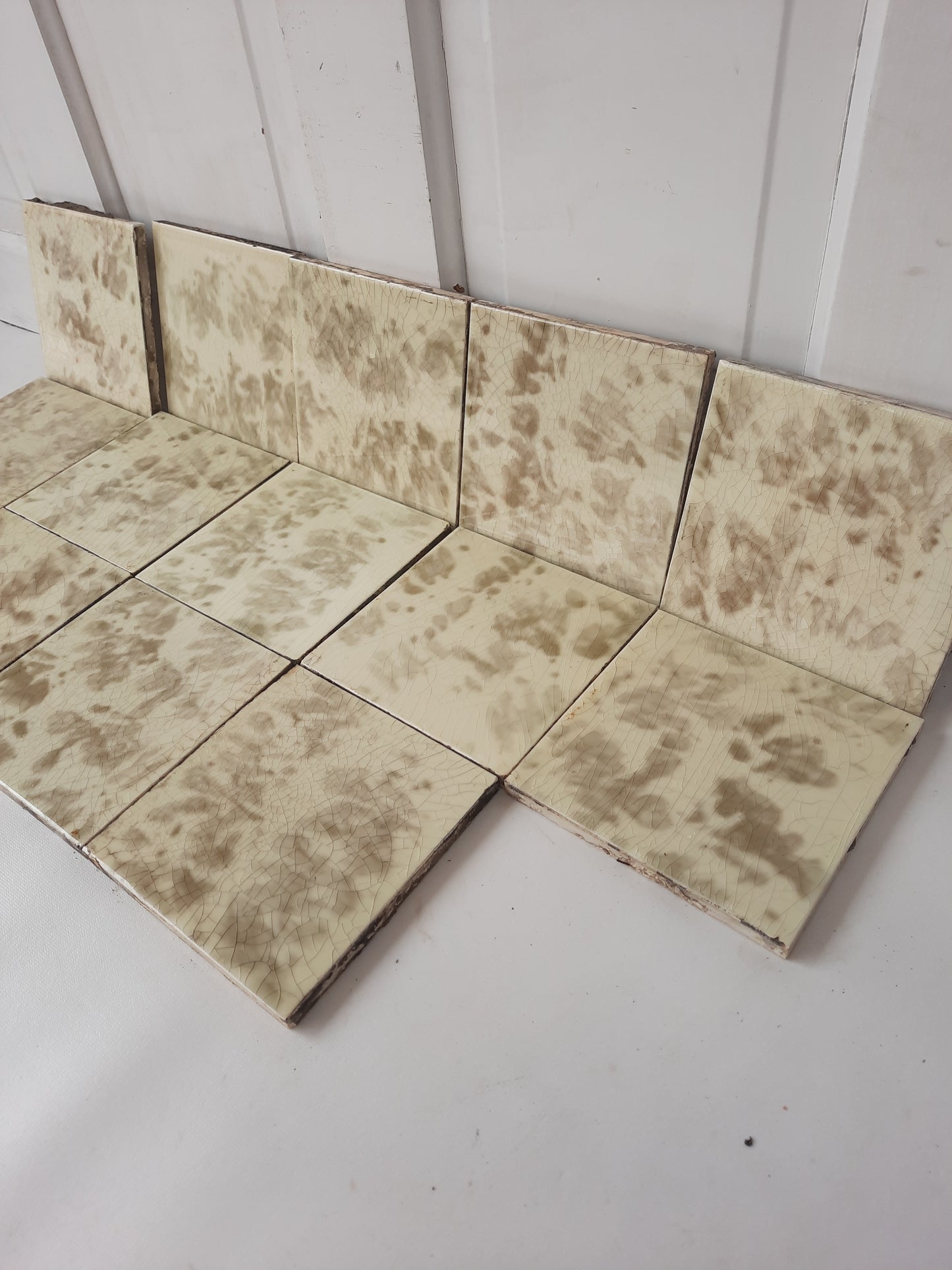 Cream and Grey Victorian Tile Fireplace Set, Mottle Glaze Hearth Tile, Antique Floor Tile, Antique Salvaged American Encaustic Tile 022103