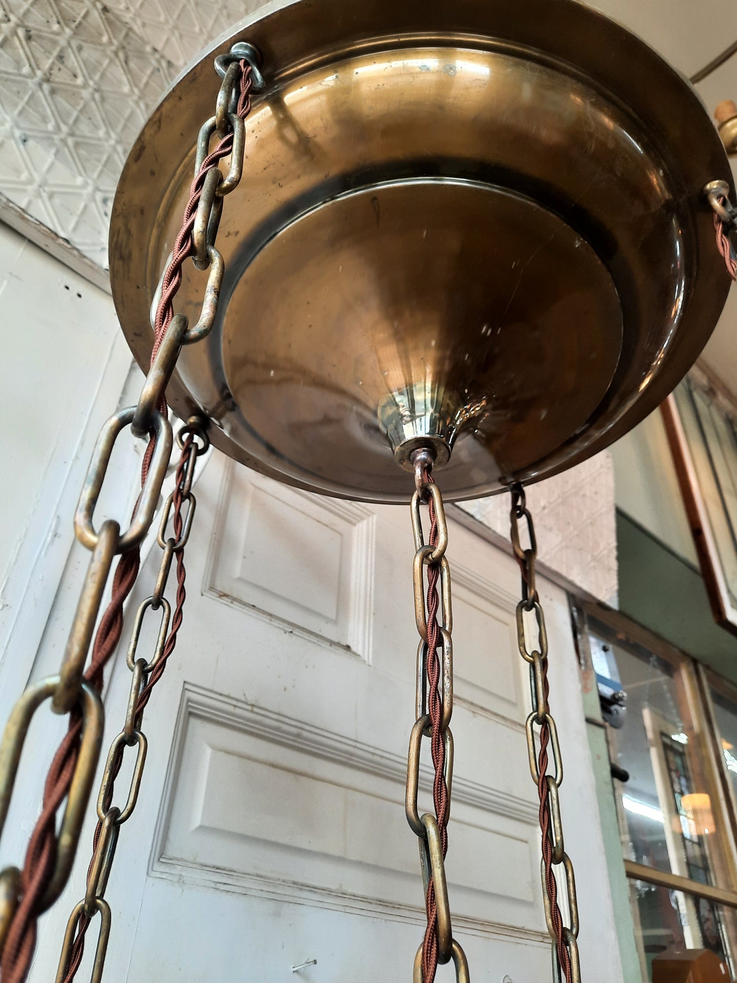 Antique Brass Pan Light with Five Hanging Chain Lights, Large Flush Mount Ceiling Light with Hanging Sockets