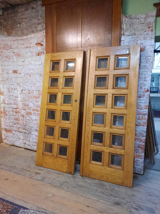 Large Vintage Wood and Glass Church Doors, Double Glass Entry Doors, Heavy Glass Church Doors