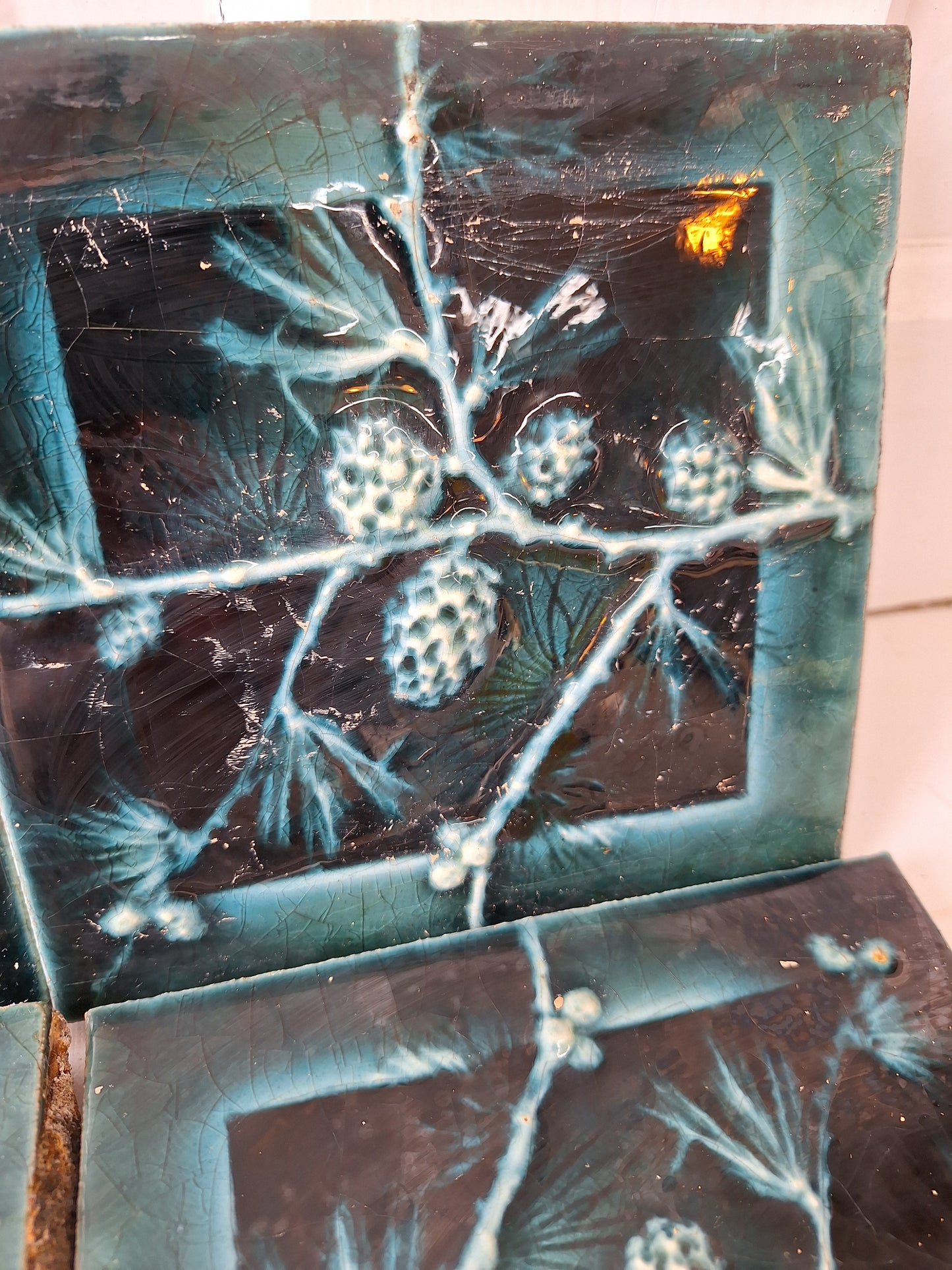 Complete Set Blue Pinecone Design Fireplace Surround Tiles, Floral Pattern 6x6 Antique Tiles 042006