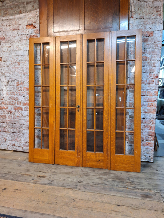 Vintage 70" Bi Fold Oak French Glass Doors, Set of Reclaimed Wood and Glass Bi Folding Double Doors