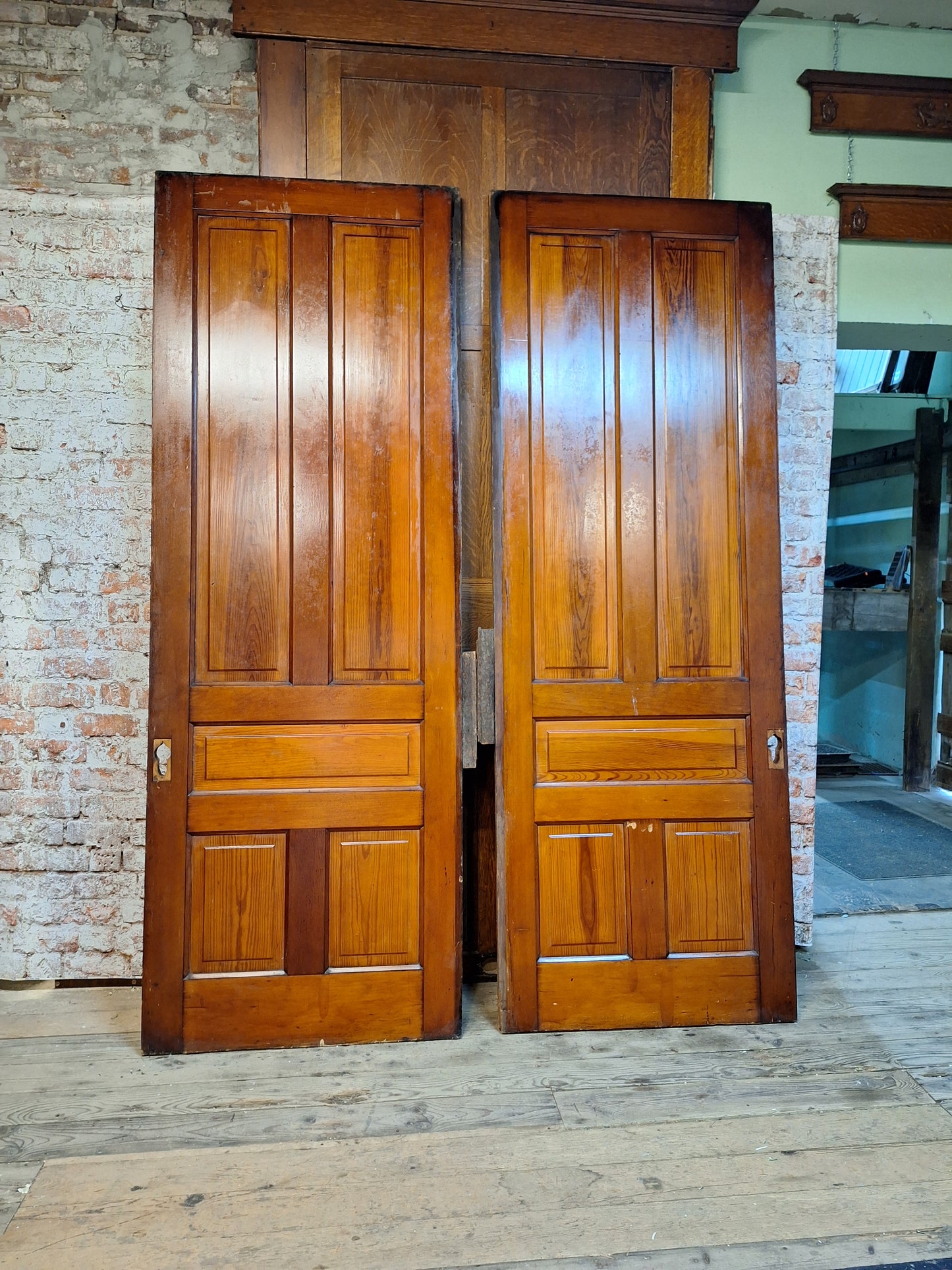 72" Wide by 101" Tall Antique Pair of Pocket Doors, Victorian Solid Wood Recessed Doors Set