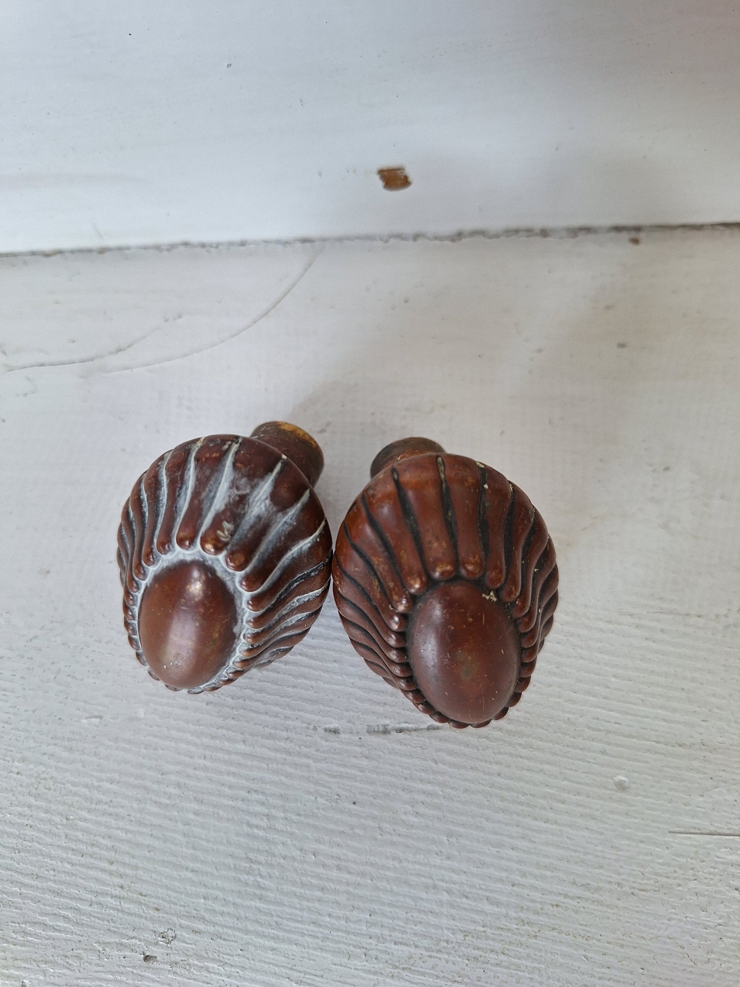 Pair of Bronze Oval Doorknobs, Stamped Bronze Doorknobs with Ribbed Edges, Antique Oval Door Knobs Victorian Knobs 071316