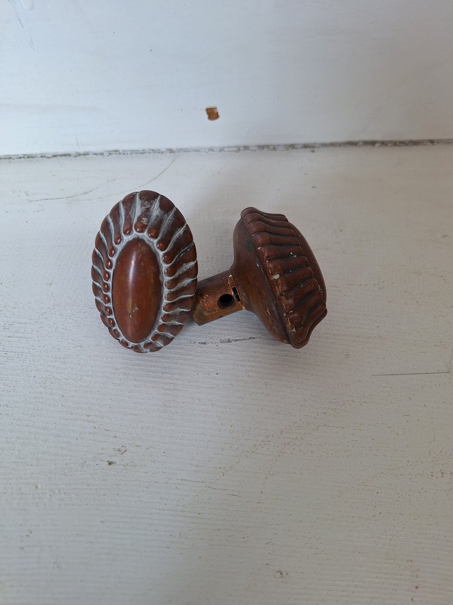 Pair of Bronze Oval Doorknobs, Stamped Bronze Doorknobs with Ribbed Edges, Antique Oval Door Knobs Victorian Knobs 071316