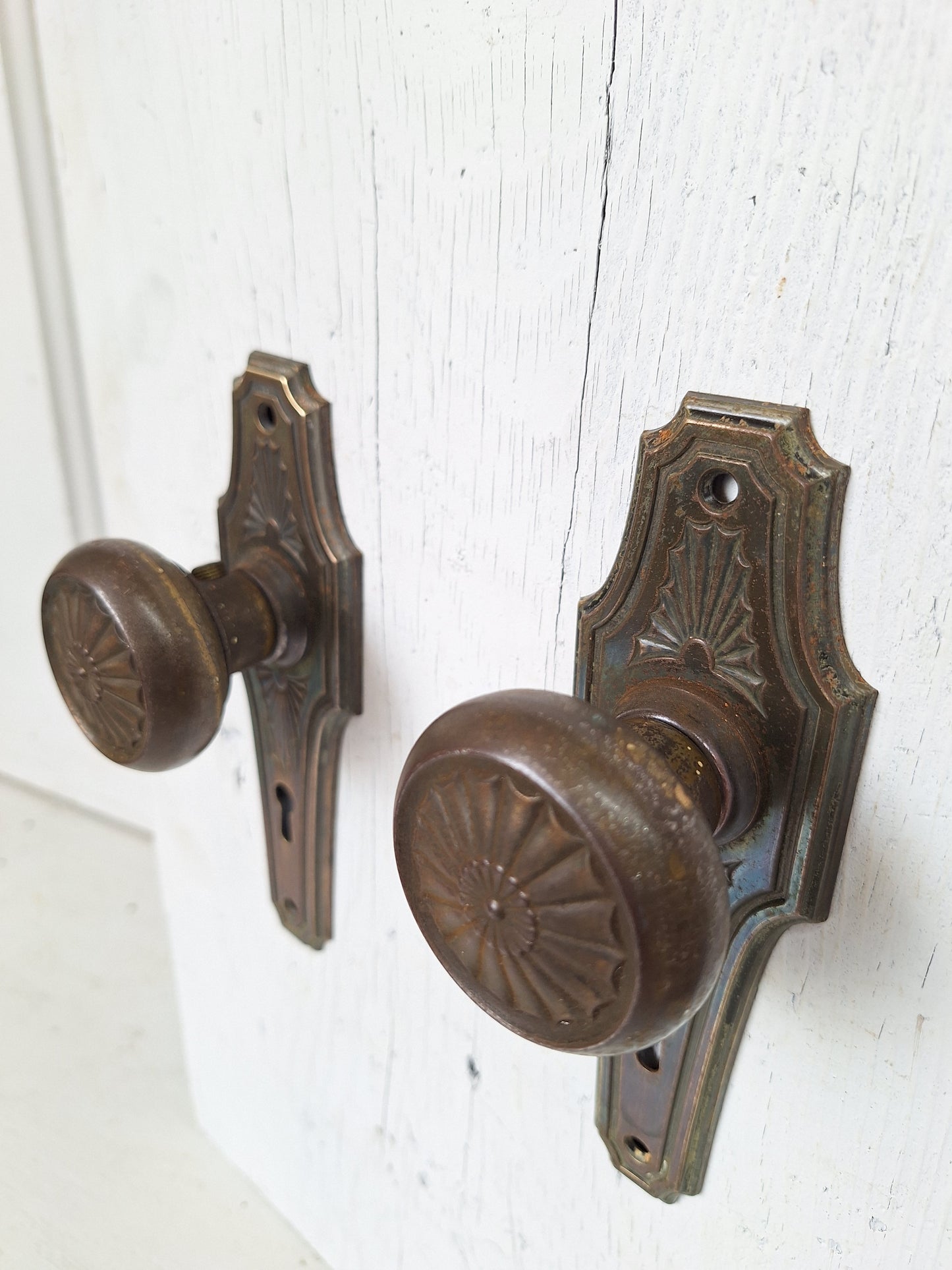 Brass Plated Art Deco Antique Backplates and Doorknobs, Art Deco Door Hardware 071601