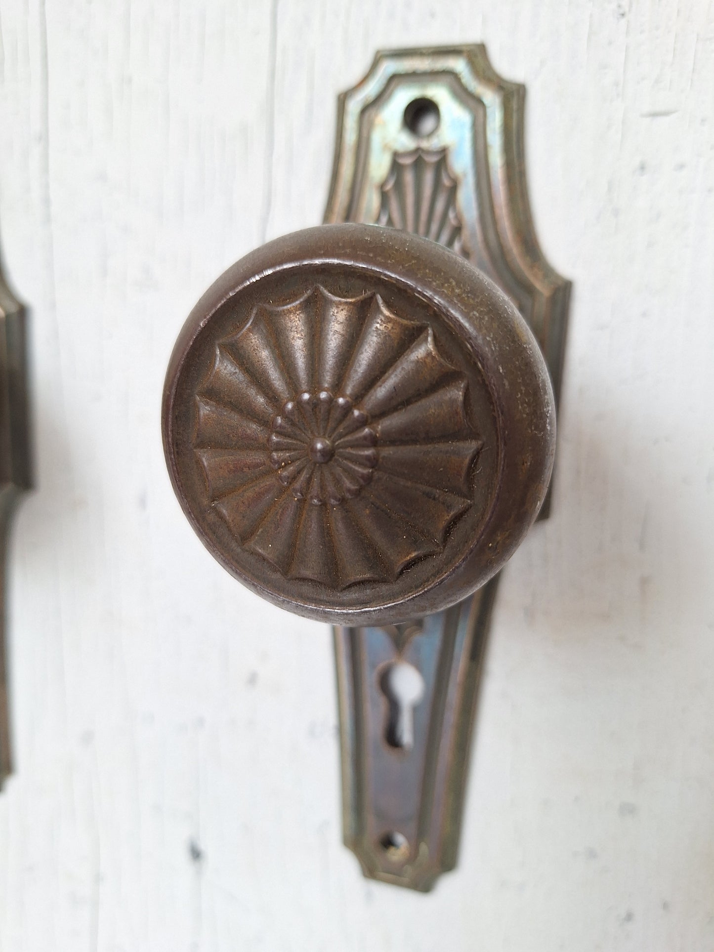 Brass Plated Art Deco Antique Backplates and Doorknobs, Art Deco Door Hardware 071601