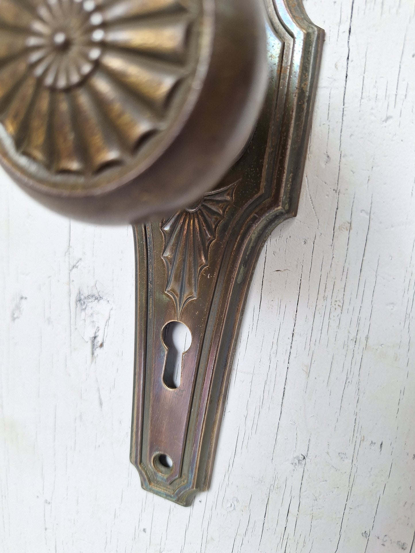 Brass Plated Art Deco Antique Backplates and Doorknobs, Art Deco Door Hardware 071601