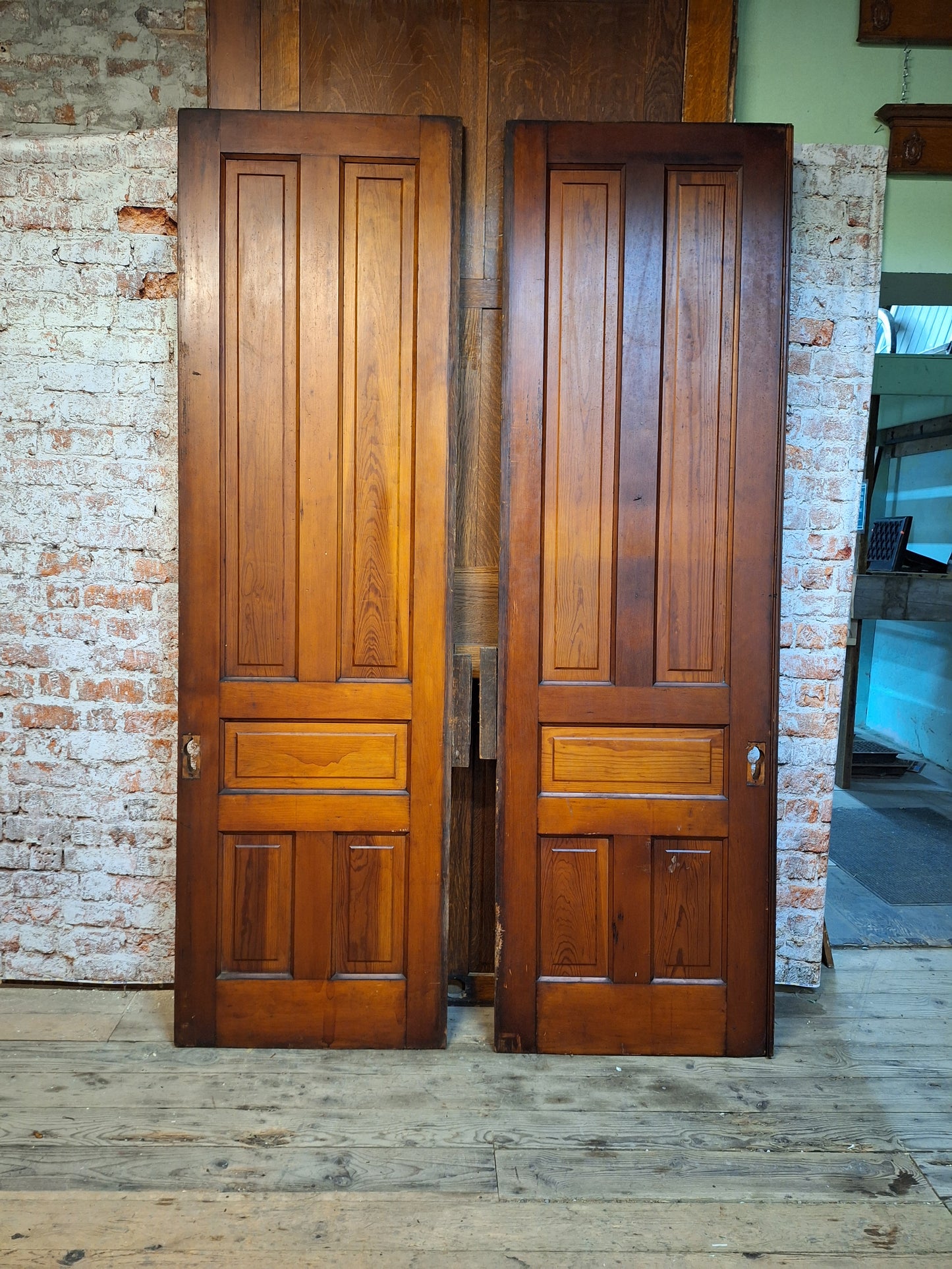 60" Wide by 101" tall Antique Pair of Pocket Doors, Victorian Solid Wood Recessed Doors