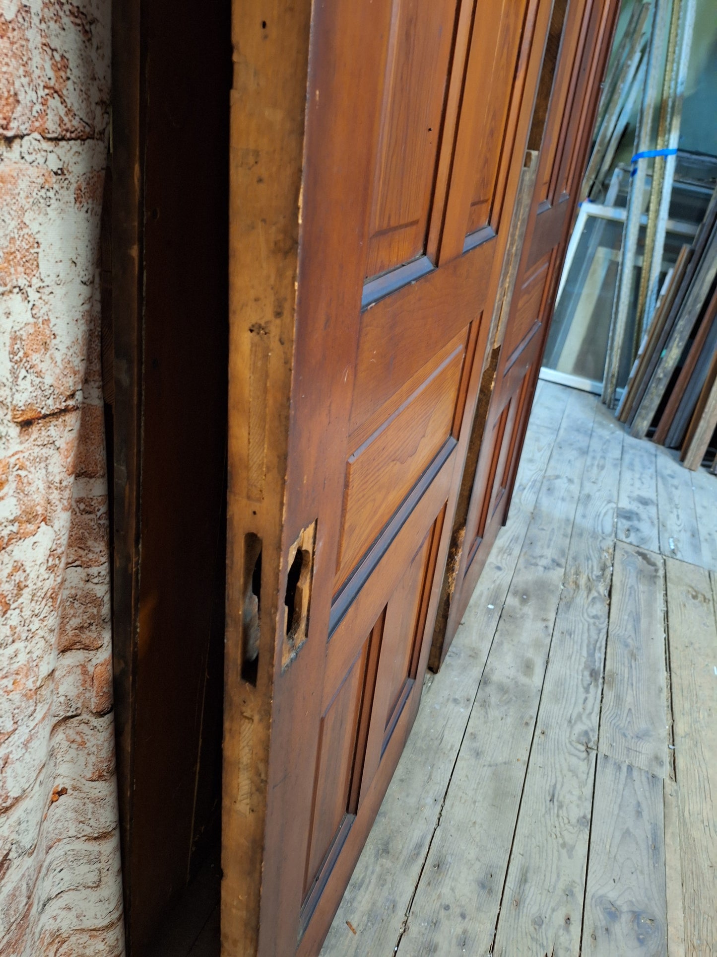 60" Wide by 101" tall Antique Pair of Pocket Doors, Victorian Solid Wood Recessed Doors