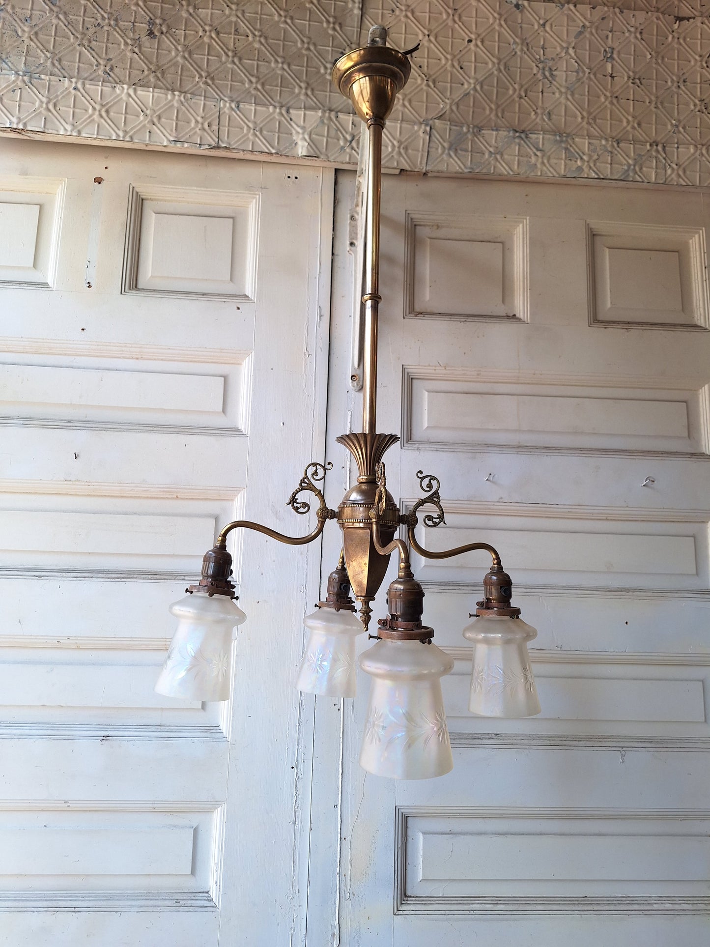 Early Electric Antique Chandelier, Victorian Era Brass Chandelier Light