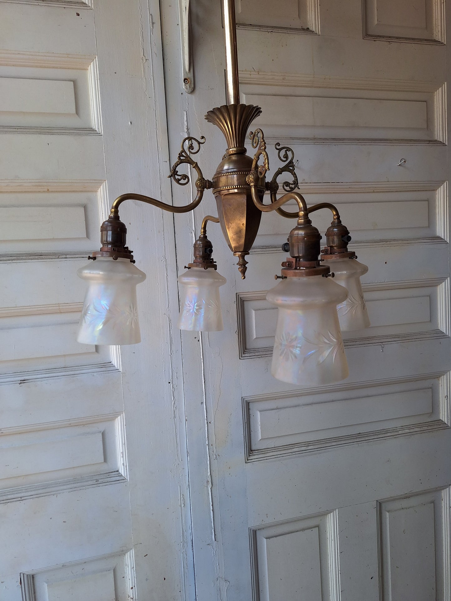 Early Electric Antique Chandelier, Victorian Era Brass Chandelier Light